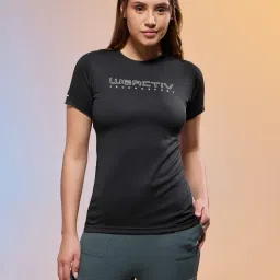 Technosport Women Black Polyester Typography Regular Fit T-Shirt-image-72