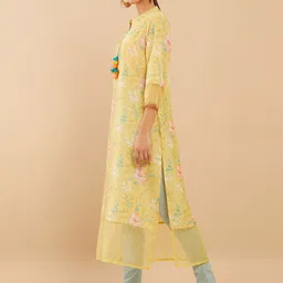 Soch Women Mustard Yellow Floral Printed Flared Sleeves Crepe Kurta image 5