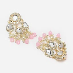 ZENEME Gold Plated Kundan Stone And Bead Studded Drop Earrings image 4