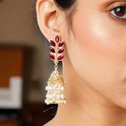 Anouk Gold-Plated & Red Artificial Stones & beads Teardrop Shaped Jhumkas-picture-33
