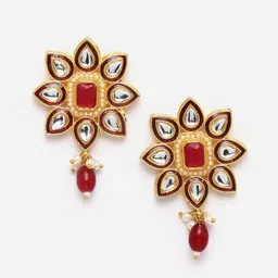 PANASH Gold-Plated Kundan Floral Shaped Meenakari Drop Earrings image 3