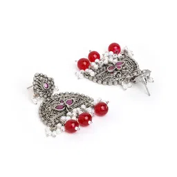 Anouk Red Brass-Plated Stone Studded & Beaded Floral Jhumkas image 3