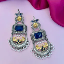 Sangria German Silver-Plated Stone Studded & Beaded Drop Earrings image 5