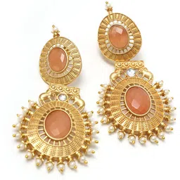 Ozanoo Gold-Plated Artificial Stones Studded And Beaded Contemporary Shaped Drop Earrings image 5