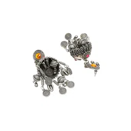 DIVASTRI Silver-Plated Artificial Stones Studded & Beaded Dome Shaped Oxidised Jhumkas image 3