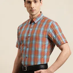 SOJANYA Men Rust Brown & Blue Tartan Checked Regular Fit Cotton Formal Shirt image 5