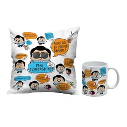 Indigifts Set Of Dad's Dialogues Print Pre-Filled Cushion & Ceramic Coffee Mug image 2