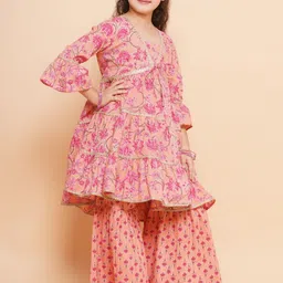 Bitiya by Bhama Girls Floral Printed Pure Cotton Anarkali Kurta with Sharara image 4