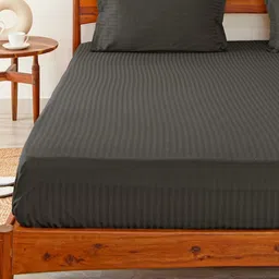 HOMEMONDE Grey Striped Cotton Fitted 300 TC Queen Bedsheet With 2 Pillow Covers image 3
