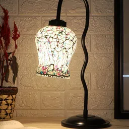 Devansh Black & Blue Printed Zig Zag Curvy Table Lamp With Mosaic Glass Lamp Shade image 2