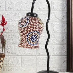 Devansh Black & White Printed Zig Zag Curvy Table Lamp With Mosaic Glass Shade image 2