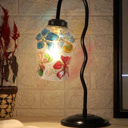 Devansh White & Blue Mosaic Printed Glass Zig Zag Curvy Iron Metal Table Lamp With Shade image 4