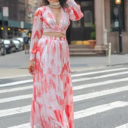 Thread & Button Women White & Orange Tie & Dyed Crop Top & Skirt image 2