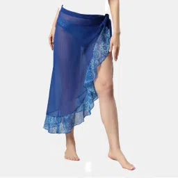 SOIE Aqua Swimwear Blue Solid and Printed Wrap Around Sarong Cover Up-image-5