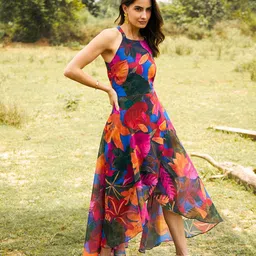 MABISH by Sonal Jain Floral Printed Shoulder Straps Georgette Fit & Flare Midi Dress image 3