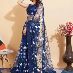 HERE&NOW Teal & White Floral Embroidered Net Saree image 3