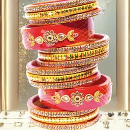 swara creations Lah/Lac bangles red and yellow color Set, LAHTHI Churi zircon work for Women and Girls(14pcs) image 3