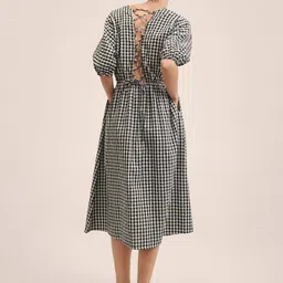 MANGO White & Black Checked Cotton A-Line Midi Dress image 3