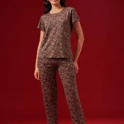 Clovia Floral And Leaf Print Top And Pyjama Brown-picture-10