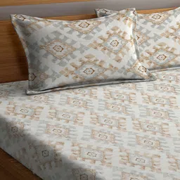 Arrabi Beige & Grey Graphic Printed 300 TC King Bedsheet & 2 Pillow Covers image 2