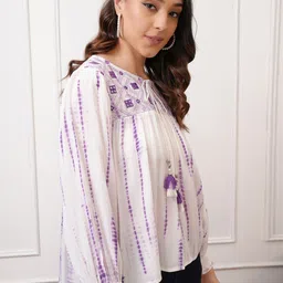 Vishudh Purple Embroidered & Printed Tie-Up Neck High-Low Top image 3