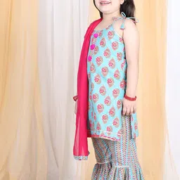 LIL PITAARA Girls Blue Ethnic Motifs Embroidered Gotta Patti Pure Cotton Kurti with Sharara & With Dupatta image 4
