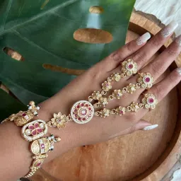 I Jewels Gold-Plated Kundan Studded And Beaded Hathphool Bracelet With Ring-image-48