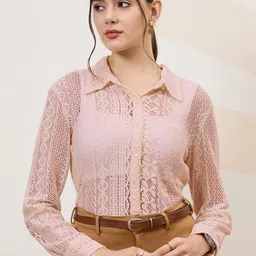 Shally Bhasin by Athena Self Design Cuffed Sleeves Lace Inserts Semi Sheer Shirt Style Top image 3