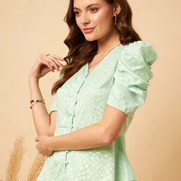 MINT STREET Abstract Woven Design Puff Sleeve V-Neck Jacquard Satin Peplum Top image 3