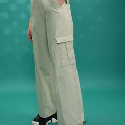 Tokyo Talkies Women Green Flared High Waist Wide Leg Cargo Trouser image 3