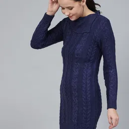 Cayman Women Navy Blue Self Design Pullover Sweater image 4