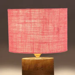 Devansh Pink & Brown Wooden Cylindrical Table Lamp With Jute Shade image 3