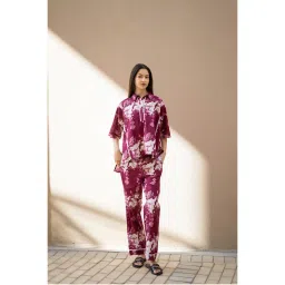 SAY Women Wine Floral Shirt with Pyjama (Set of 2)-picture-21