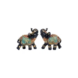 Golden Peacock Black Embellished Polyresin Elephant Showpiece (Pack of 2) image 2