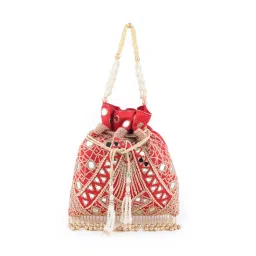 Odette Red Beads and Mirror Embellished Potli Bag for Women image 3