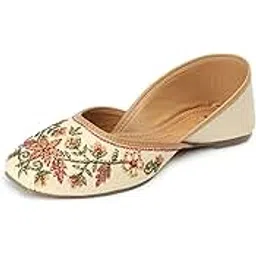 xe looks XE LooksWomen's Cream Embroidered Flats | Traditional Punjabi Juttis with Intricate Floral Design | Cushioned Footbed for Comfort | Stylish & Lightweight Punjabi Juttis for Girls & Women-picture-14