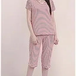 fflirtygo FflirtygoNightwear Capri Set for Women Cotton/Pajama Set for Women/Night Dress/Lounge wear/Night Suit/Short Sleeve/Red and White Color Stripe Printed Capri Set for Ladies-picture-14