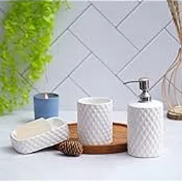 The Transit Story Premium Ceramic Bathroom Accessories Set of 3 | Modern Luxury Bath Set with 300ml Soap Dispenser, Toothbrush Holder & Soap Dish | Bathroom Decor Items | White & Diamond Twisted-image-4