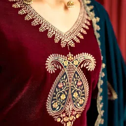 DRAVINAM Trends Ethnic Motifs Embroidered Zari Work Velvet Unstitched Dress Material image 4