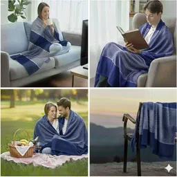 Tharunsha Elite Blue & Navy Blue Set of 2 Checked AC Room Blanket image 2