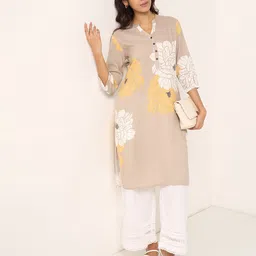RANGMANCH BY PANTALOONS Floral Printed Mandarin Collar Straight Kurta-image-6