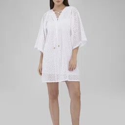 IZEL Women Embroidered Tie-Up Neck Bell Sleeve SchiffliA-Line Dress image 2