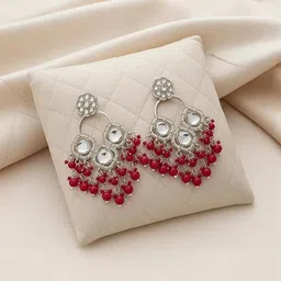 TESSARA Silver-Plated Kundan Studded And Beaded Geometric Shaped Drop Earrings-picture-22