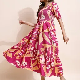 PTVIZE Floral Print Puff Sleeve Crepe A-Line Midi Dress image 3