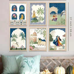 WALLLANE 6Pcs Cream-Colored & Blue Printed Wooden Wall Paintings image 4