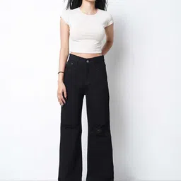 ZUYA Casual Super Wide Leg Non Stretch Torn Wisker Jeans-picture-38