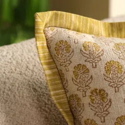 eyda Beige & Yellow Embroidered Linen Rectangle Cushion Cover image 4