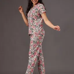 Clovia Women Floral Printed Button Down Shirt & Pyjama Night suit Set image 5