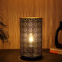 Two Moustaches Black & Gold Toned Textured Metal Cylinder Shaped Table Lamp image 4