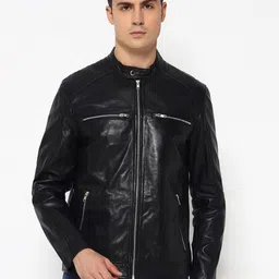 MaheTri Men Mandarin Collar Adventure Black Leather Biker Jacket-image-41